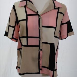 '80s Style Blocked Pattern Button Down Blouse